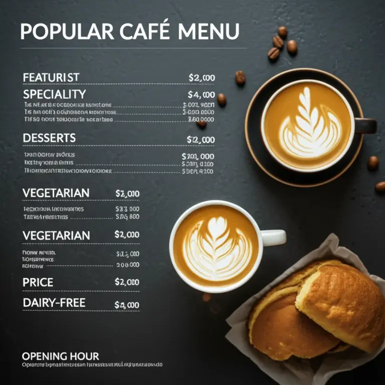 เมนูยอดนิยม ราคาและเวลาทำการ: เมนูแนะนำ กาแฟพิเศษ ของหวาน และตัวเลือกมังสวิรัติ/ไม่มีนม