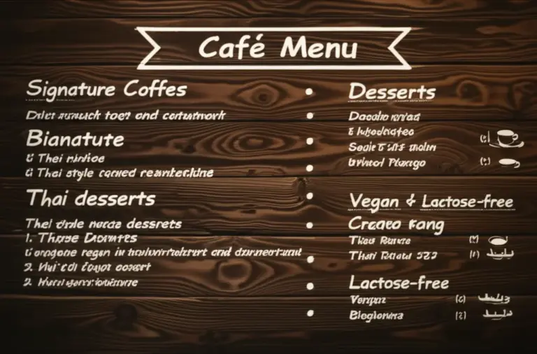 เมนูแนะนำและราคา — กาแฟซิกเนเจอร์ ขนมไทย-สไตล์คาเฟ่ ตัวเลือกสำหรับมังสวิรัติและคนแพ้แลคโตส