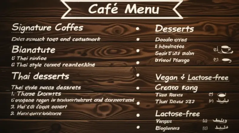 เมนูแนะนำและราคา — กาแฟซิกเนเจอร์ ขนมไทย-สไตล์คาเฟ่ ตัวเลือกสำหรับมังสวิรัติและคนแพ้แลคโตส