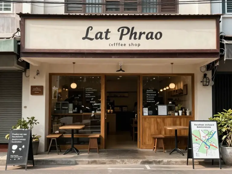 วิธีค้นหาและการเดินทางไปร้านกาแฟน็อคดาวน์ เขตลาดพร้าว — แผนที่ รถสาธารณะ ที่จอดรถ และทางลัด